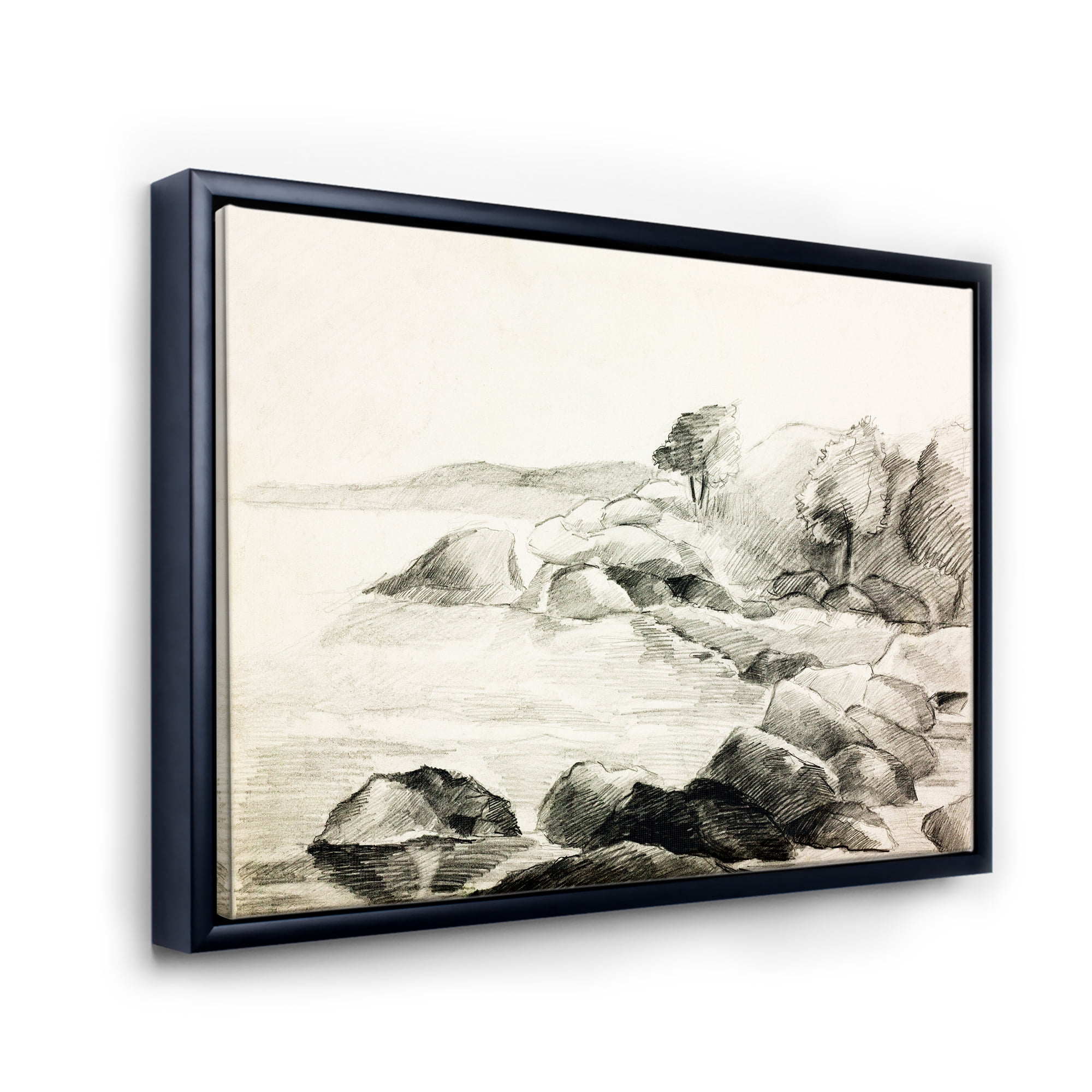 Designart 'Black and White Lake Shore' Nautical & Coastal Framed Canvas Wall Art Print