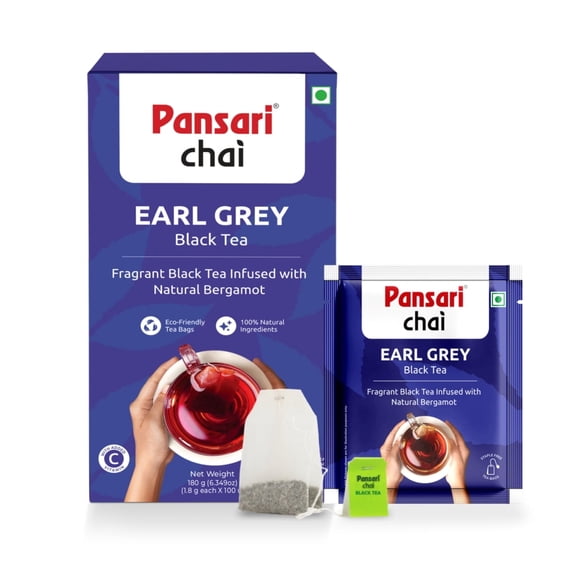 Pansari Earl Grey Black Tea – 100 Individually Wrapped Teabags, Smooth & Robust - Pure Caffeinated Darjeeling Black Tea, Enjoy Hot or Iced