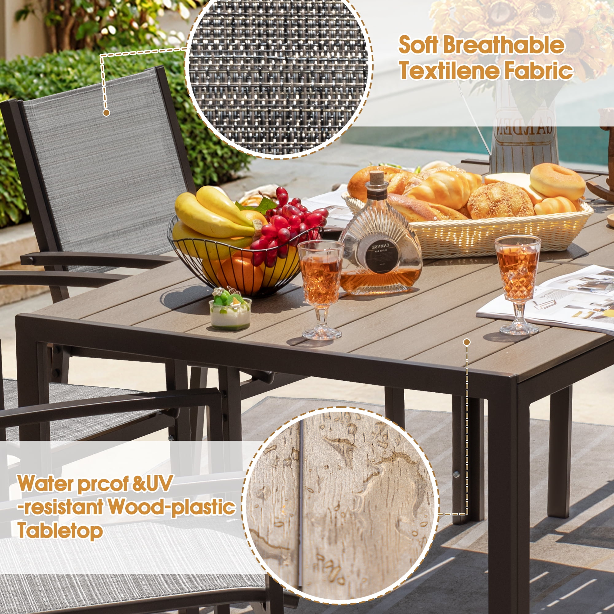 Devoko 7 Pieces  Outdoor Dining Set ,Patio Conversation Set Outdoor Furniture Set 6 Stackable Textilene Armchairs with Rectangular Table, Light Gray