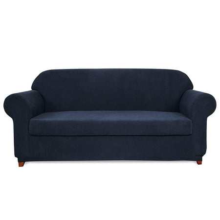 Subrtex Stretch 2-Piece Textured Plaid Loveseat Slipcover Navy