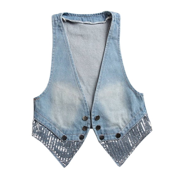 Sequin Patchwork Women Denim Vest Tops Fashion Deep V Double Bow Jean Sleeveless Jackets