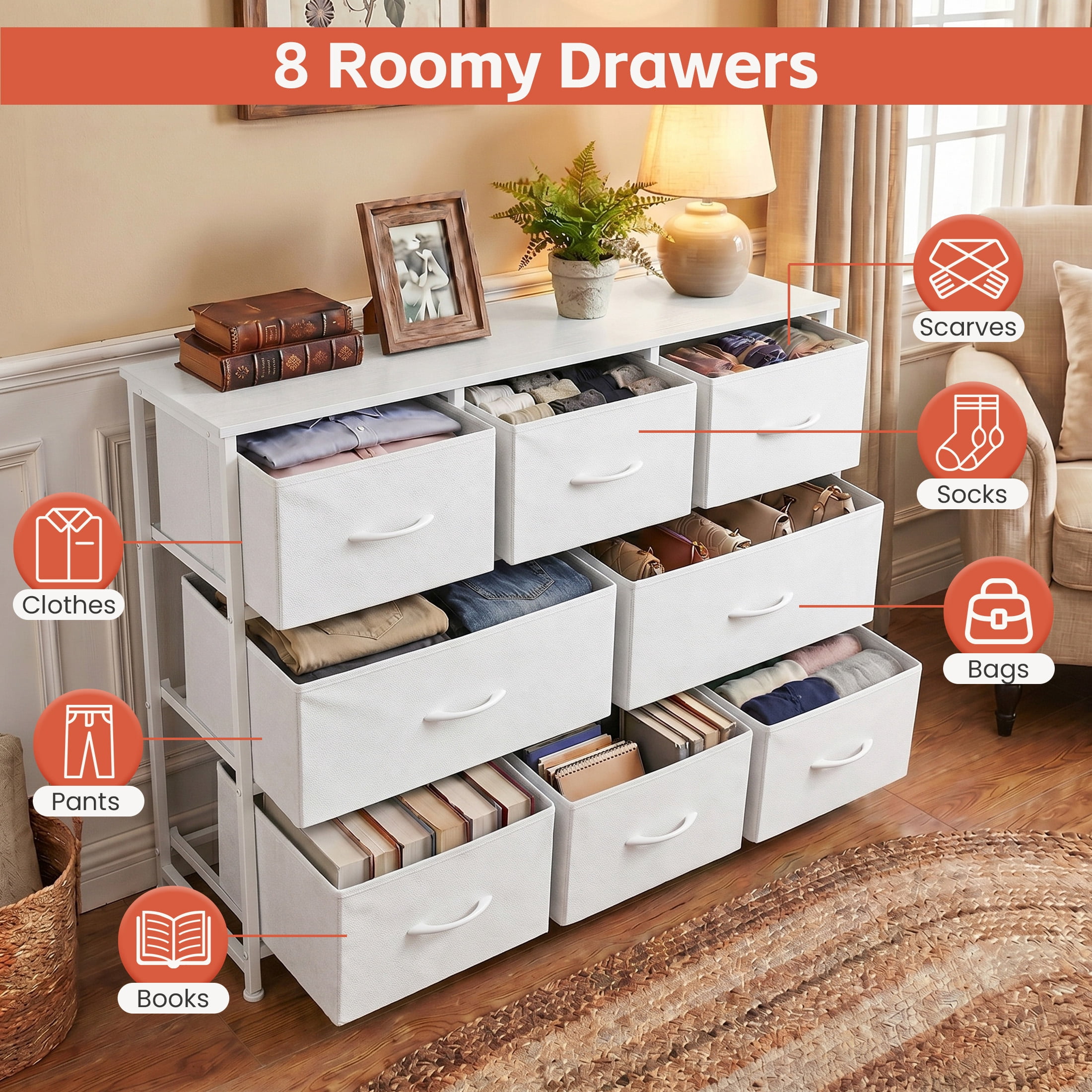 edx 8 Drawers Fabric Dresser, Chest of Drawers with Sturdy Steel Frame, Storage Organizer Cabinet for Bedroom, Living Room, Hallway, White