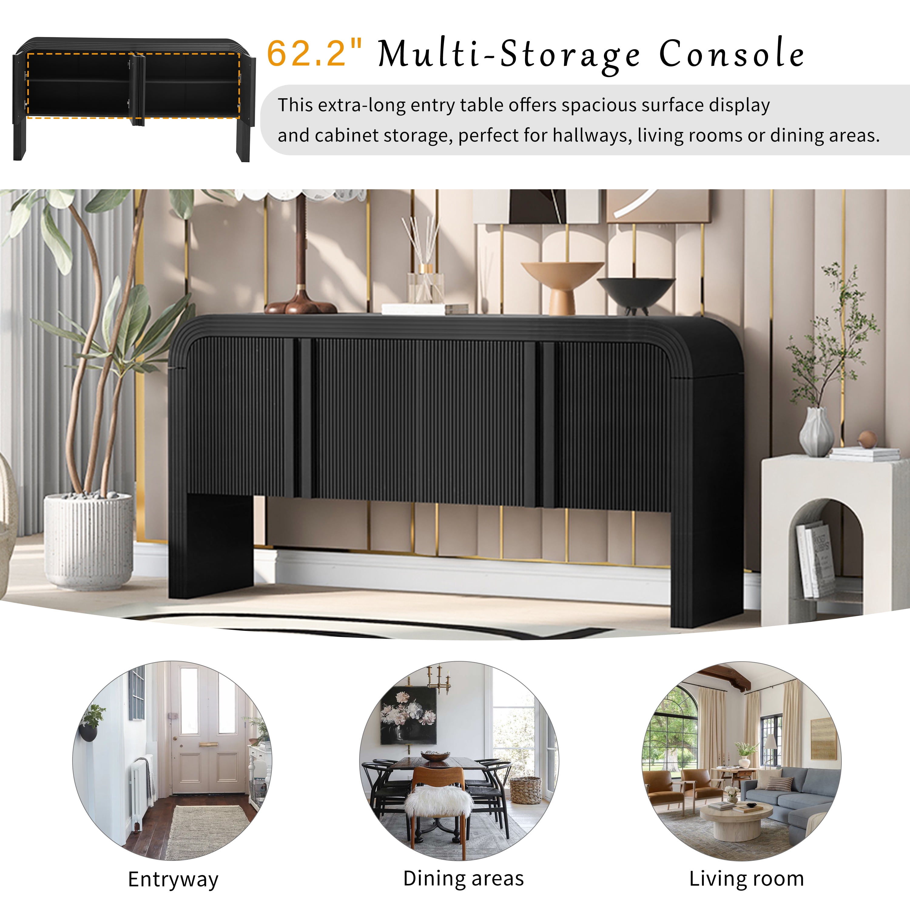 Aukfa 63 "Console Table Striped 4-Door Sideboard Storage Cabinets for Hallway Living Room,Black