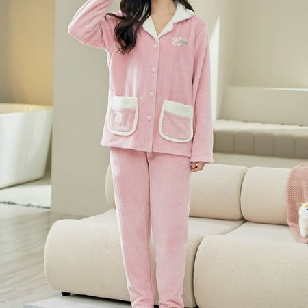 

JNGSA Ladies Coral Fleece Warm Pajamas Set Flowers Print Long Sleeve Cardigan Pocket Homewear Clearance