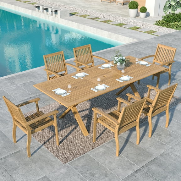 Summit Living 7-Piece Acacia Wood Outdoor Patio Dining Set with 6 Wooden Chairs & Expandable Wooden Dining Table with Umbrella Hole for 6 Person