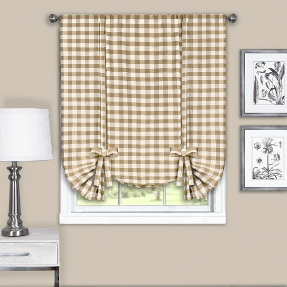 Achim Buffalo Check Window Curtain Tie Up Shade, 42 x 63, Taupe