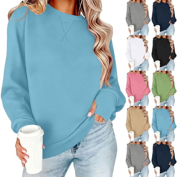 Jsaierl Womens Sweatshirts Cute Solid Color Round Neck Sweatshirt Oversized Loose Fit Pullover Cotton Jogging Long Sleeve Shirts with Thumbhole