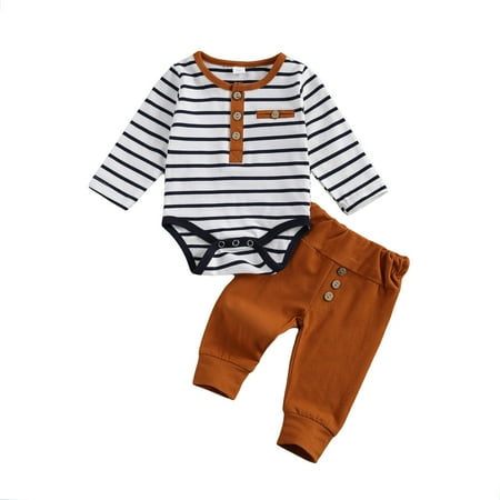 

Calsunbaby Newborn Baby Boy Spring 2pcs Outfits Suit Striped Romper and Solid Color Button Pants Set 3-6 Months