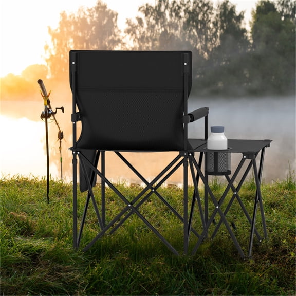 Black Oversized Camping Chair 330 LBS Capacity – Foldable with Integrated Side Table Cup Holder & Mesh Storage Pockets Portable Outdoor Chair with Carrying Bag
