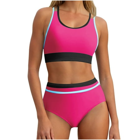 UTSJKR Women s High Waisted Bikini Sets Sporty Two Piece Swimsuits Color Block Cheeky High Cut Bathing Suits Hot Pink XL