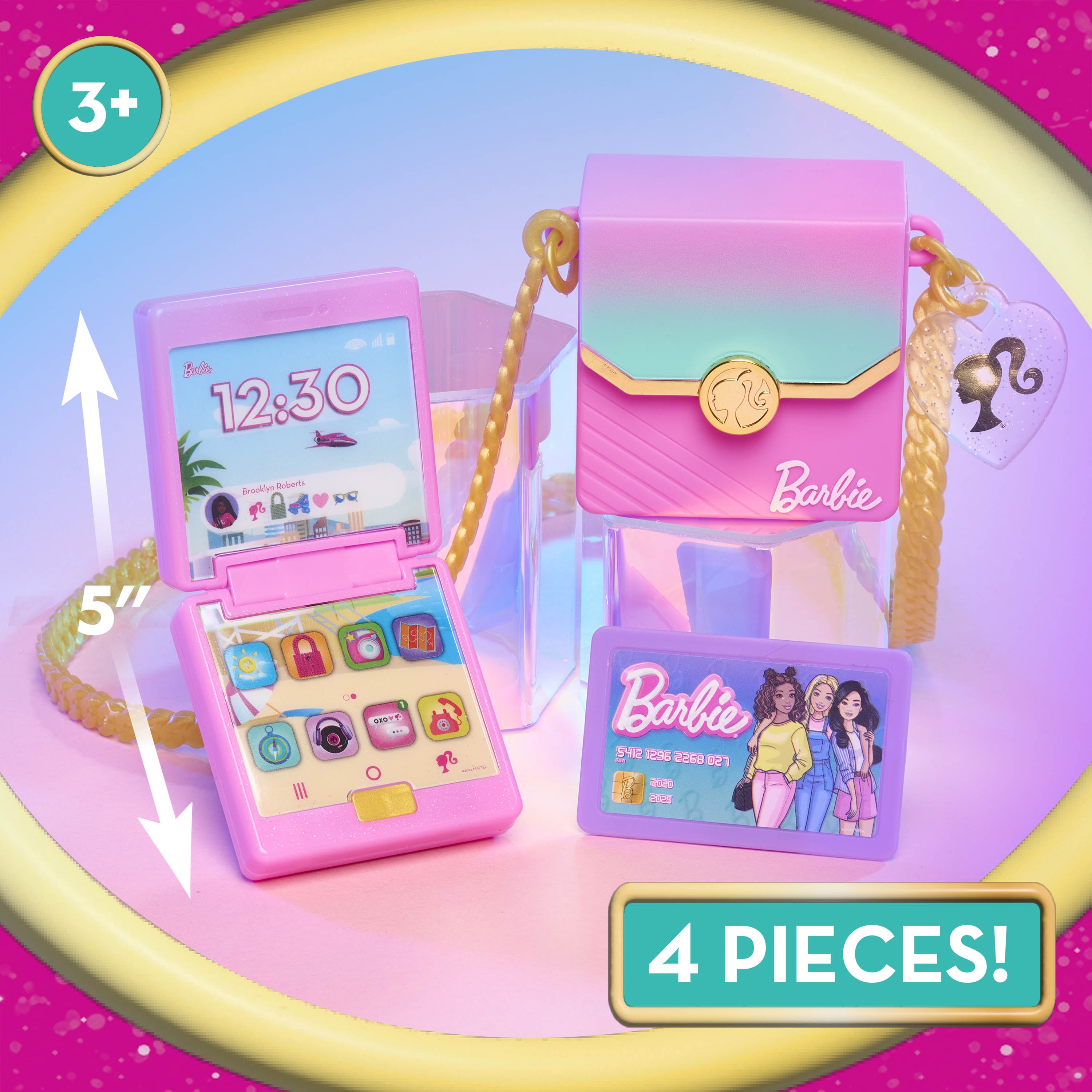 Barbie Trend Lights and Sounds Phone Set, 4-pieces, Interactive Toy Phone, Kids Ages 3 and up