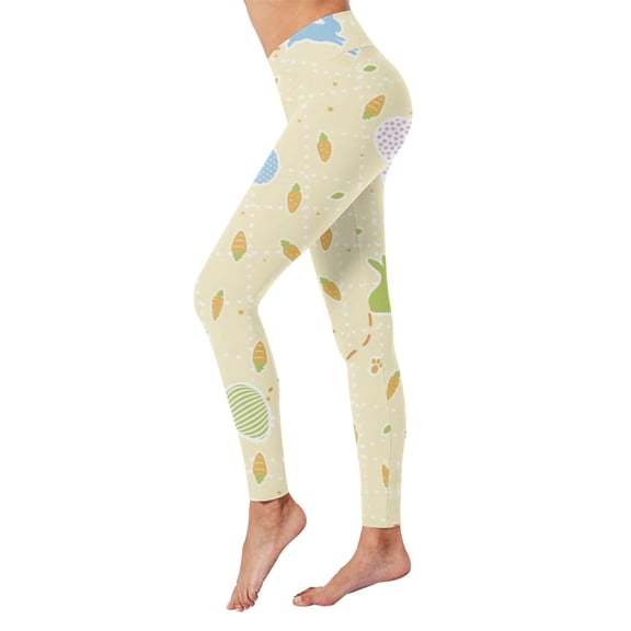Easter Womens Leggings Tummy Control Egg Print High Waist Tights Compression Running Fitness Yoga Pants,Beige,L