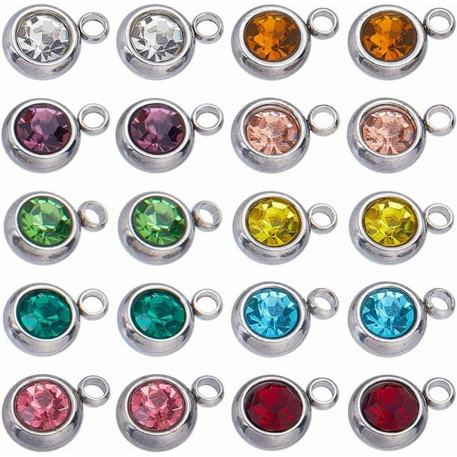 1 caja de 40 dijes de diamantes de imitación de acero inoxidable de 10 colores, abalorios redondos, mini colgantes de piedra de nacimiento pequeños.