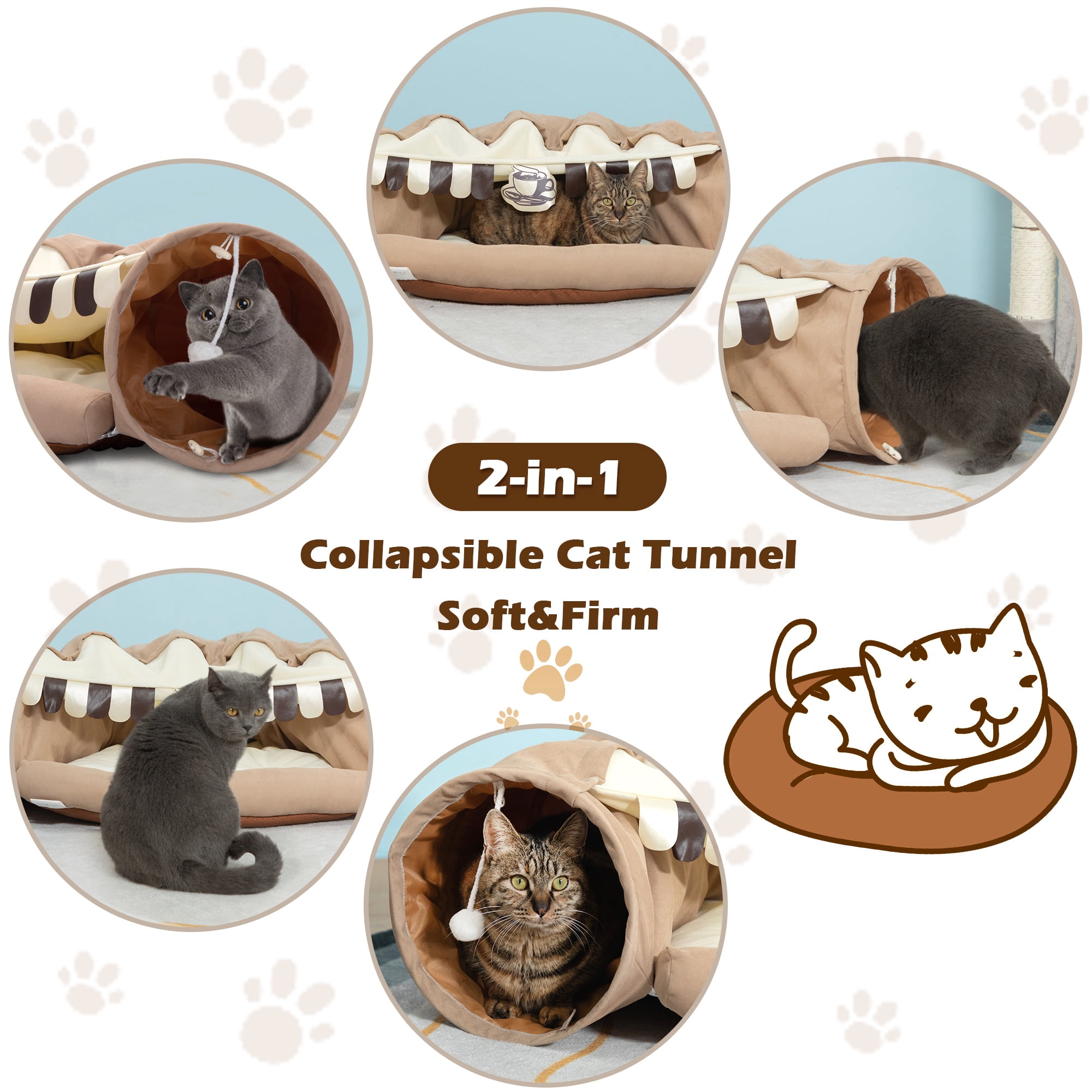 COZIWOW 2-in-1 Cat Tunnel Bed, Cat Tube with Collapsible Washable Mat for Indoor Cats, Coffee