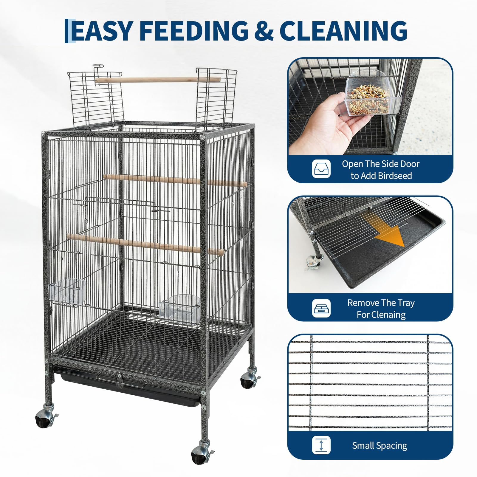 Heavy Duty Metal Bird Cage with Play Open Top – 38'' Tall Flight Cage for Parakeets, Cockatiels, Canaries, Lovebirds, Conures, Budgies, Small Parrots – Easy Assembly & Cleaning – With Rolling Stand