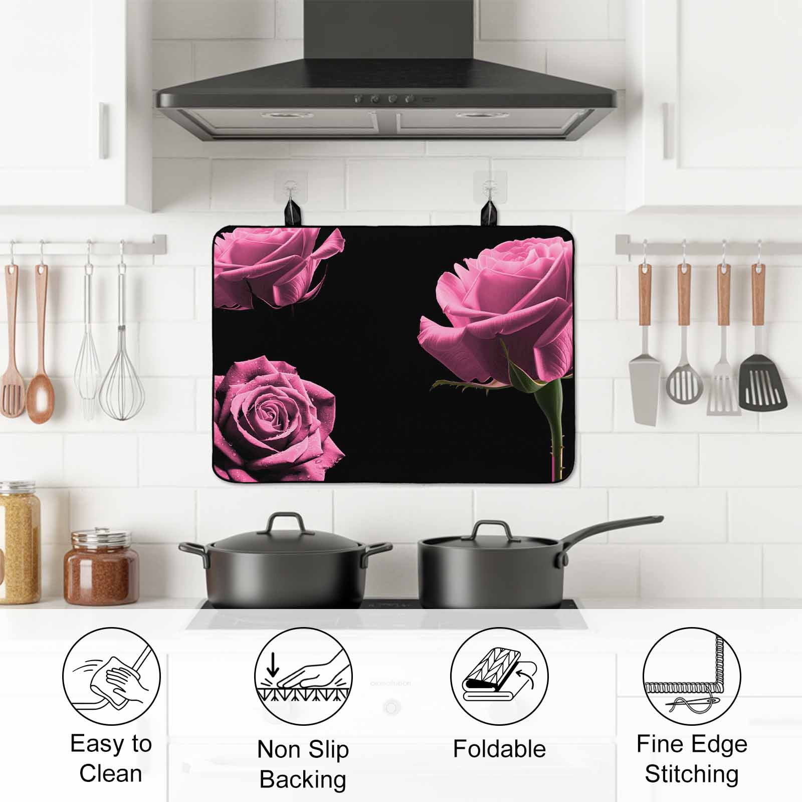 Pink Rose Stove Top Cover for Electric Stove, Heat-proof & Non Slip Glass Top Stove Cover Protector, Vintage Abstract Garden Flower Floral Black Kitchen Flat Cooktop Rubber Mat 24x21 Inches
