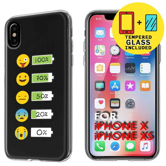 Clear TPU Phone Case for Apple iPhone XS,X,Power Emoji Transparent,Temper Glass Included,Combo