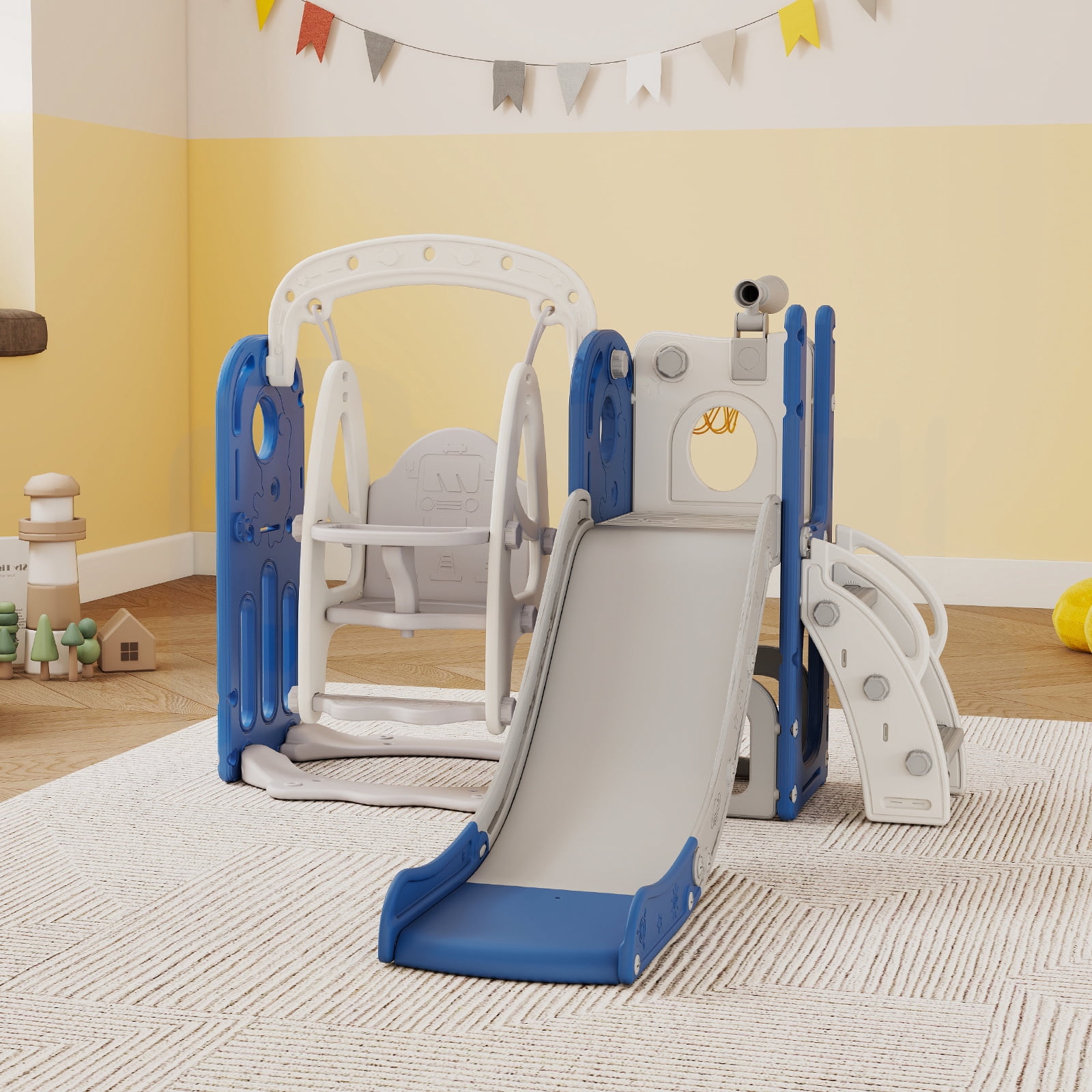 Kinsuite 7-in-1 Toddler Swing & Slide Set - Kids Slide for Toddlers 1-3 with Basketball Hoop, Swing, Ball, Storage Space & Telescope, Indoor & Outdoor Playground Playset (Blue)