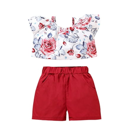 

Toddler Girls 2Pcs Summer Clothes Floral Off Shoulder Ruffle Top + Shorts Pants