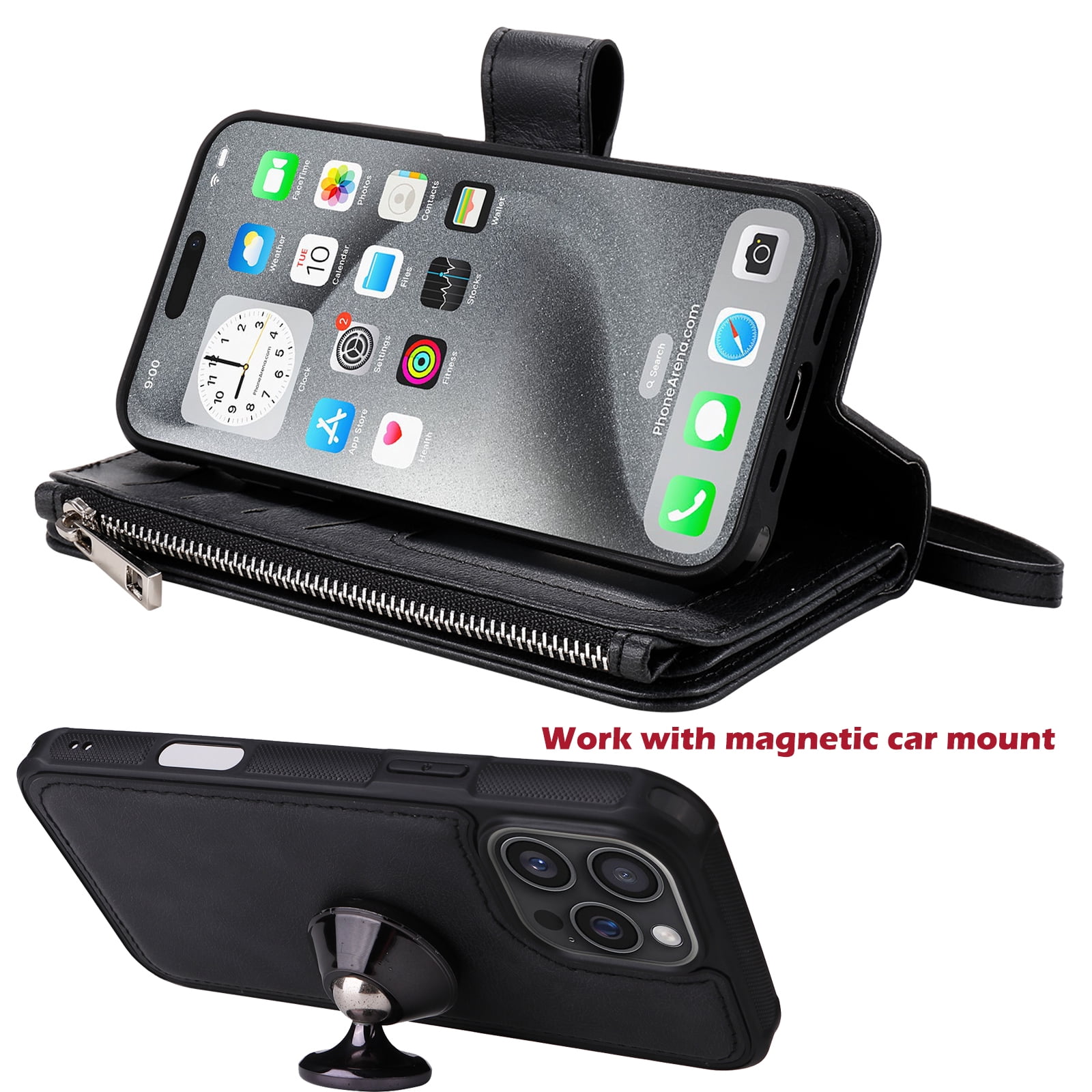 Dteck for iPhone 16 Wallet Case, 2 In 1 Detachable Protective Phone Case Women Men Kickstand flip Cover Wrist Strap Zipper Credit Card Holder Slots for iPhone 16,Black