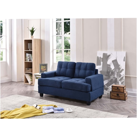 Navy Blue Microfiber Loveseat Sofa, Transitional Style Small Couch with Saddle Arms for Living Room