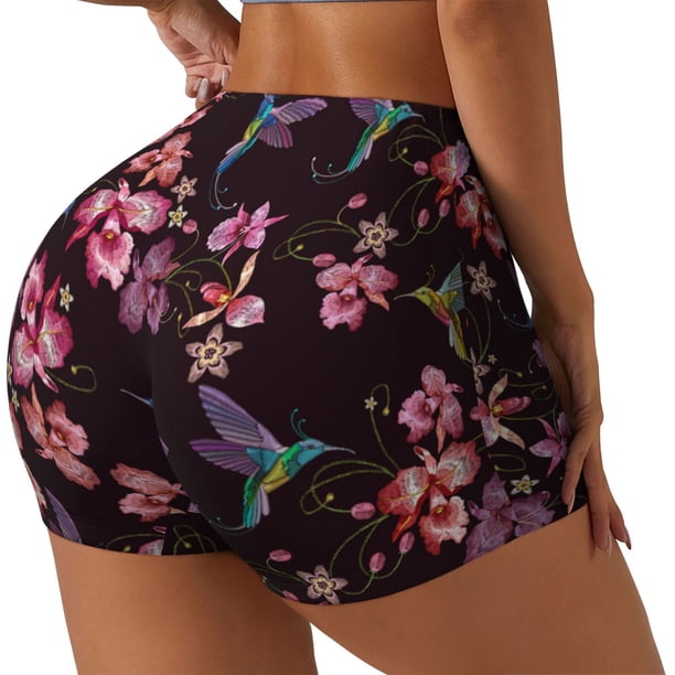 Fotbe Humming Bird And Tropical Shorts Sin Costuras – Shorts Deportivos de Cintura Alta para Mujer, Elásticos para Gimnasio, Yoga, Running o Ciclismo-Medium