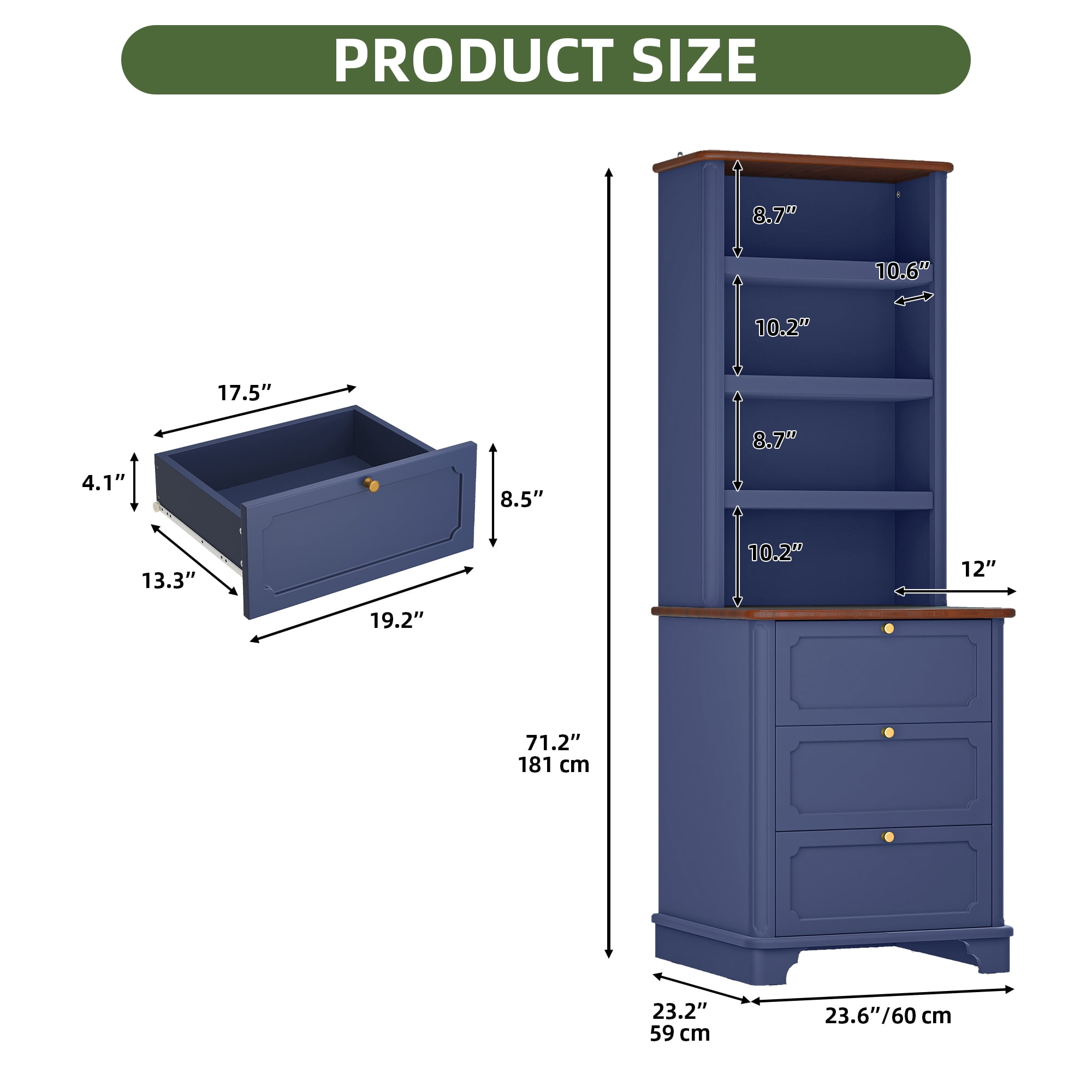 Uforic 71" Tall Bookcases with 3 Drawers& 4 Shelves, Storage bookshelf Display Shelf for Home Office, Blue