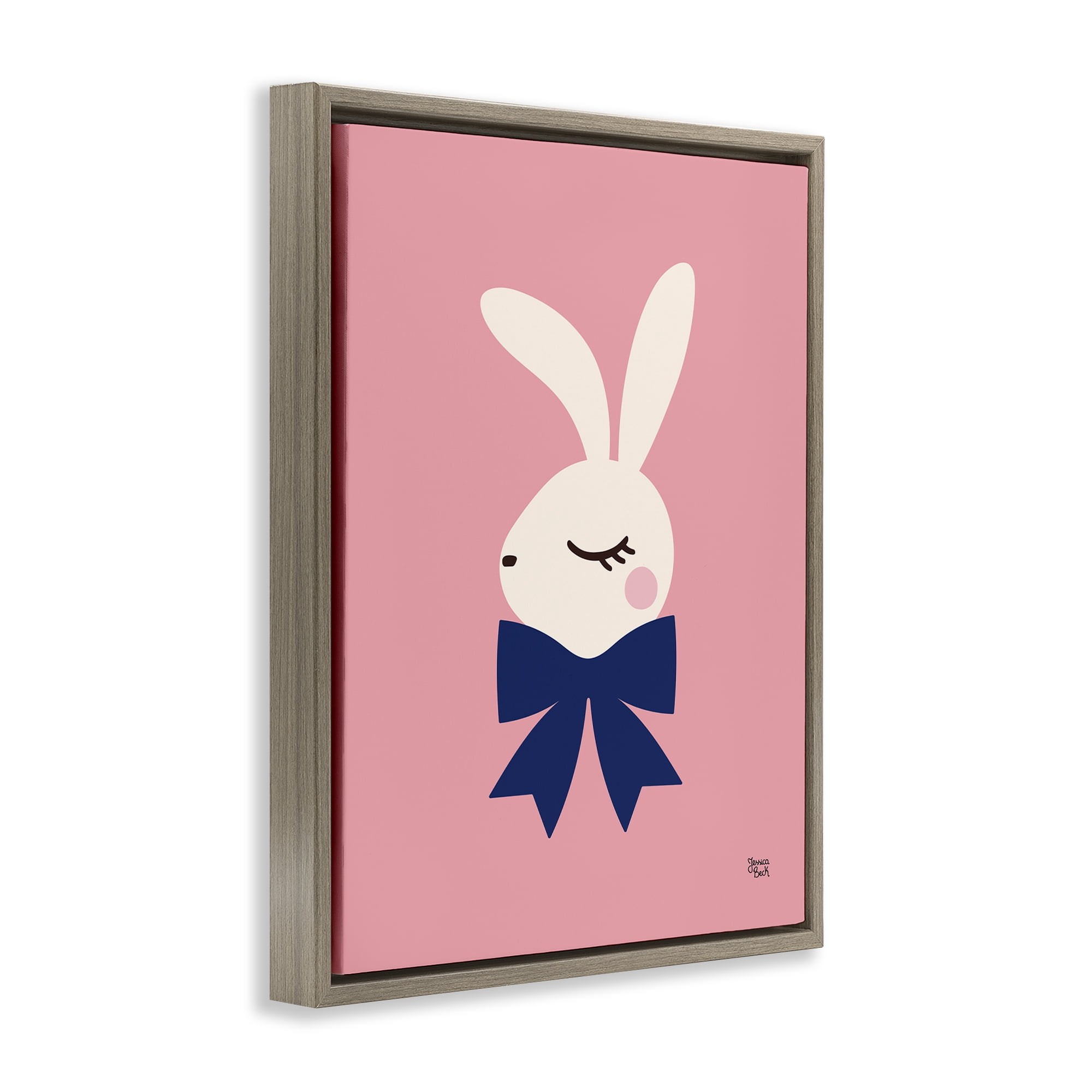 Stupell Industries Rabbit with Ribbon on Pink Animals Painting Brown Floater Framed Canvas Art Print Wall Art, 25 x 31