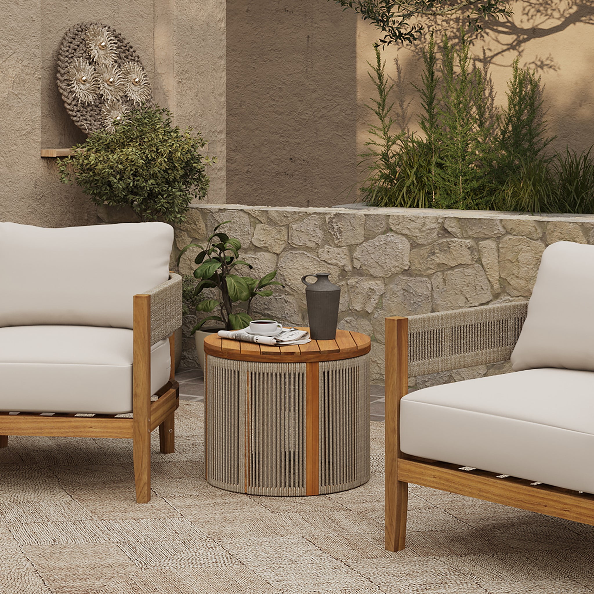 LuxenHome Outdoor Acacia Wood Rope Sides Round Drum Side and End Tables
