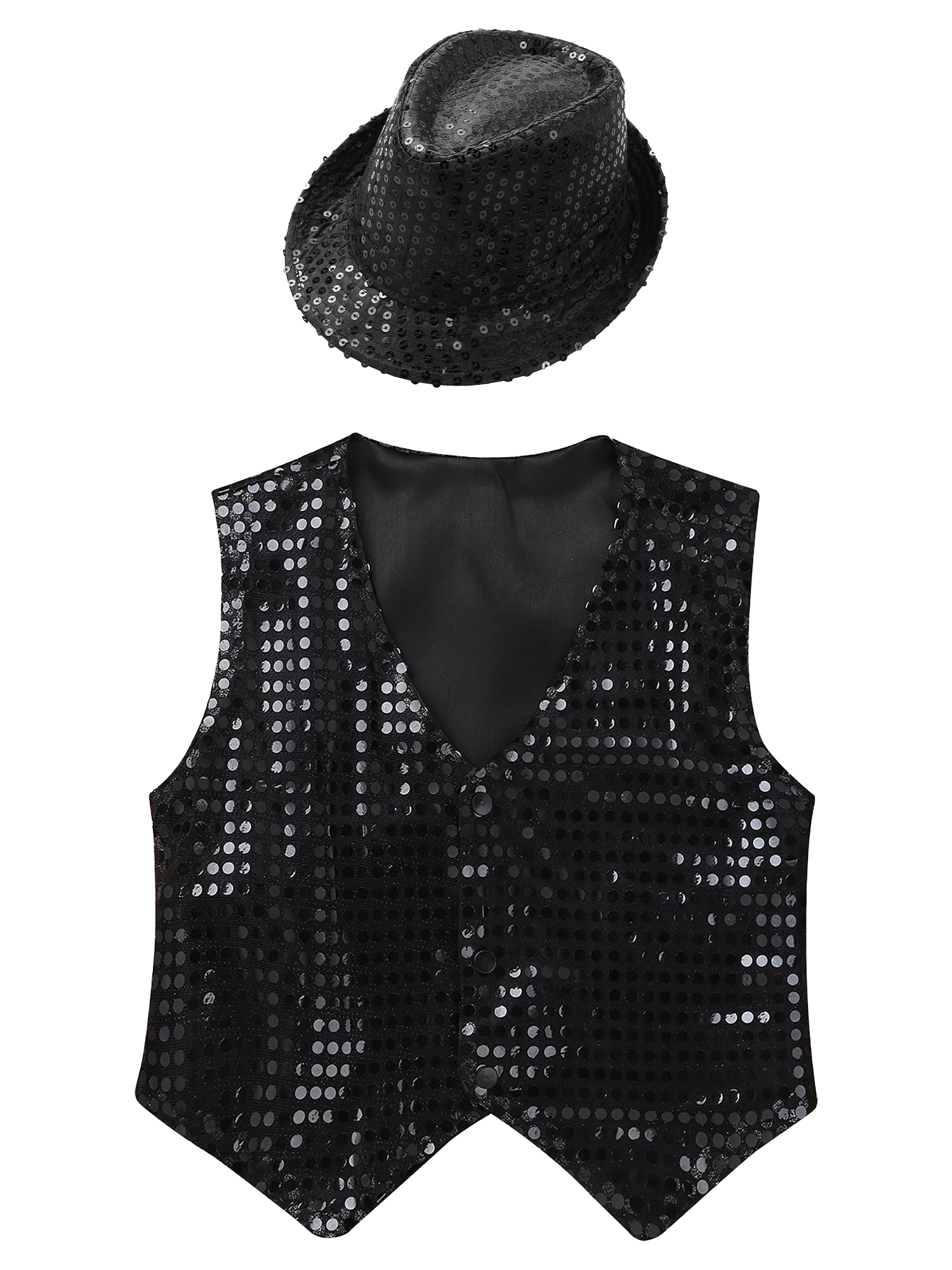 IEFIEL Kids Boys Sparkle Sequins Button Down Vest with Hat Dance Outfit Set Hip Hop Jazz Stage Performance Costume Black 13-14 - image 3 of 7