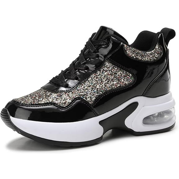 Women's Fashion Wedge Sneakers - Hidden Heel Height Platform Shoes with Glitter Detail