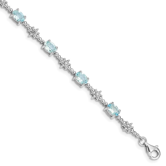 Sterling Silver Bracelet Gemstones March Women's Aquamarine Oval 4 mm 7 in and Diamond