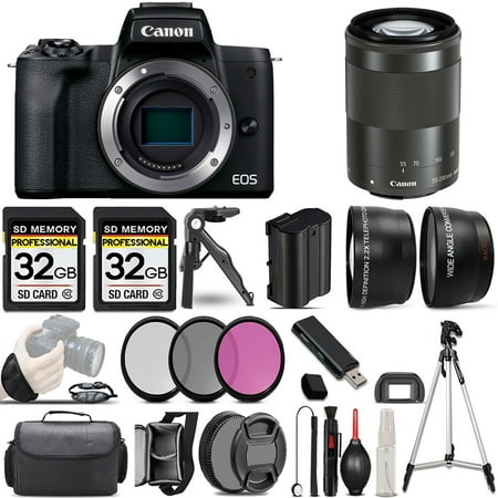 Canon EOS M50 Mark II Mirrorless Camera (Black) +55-200mm f/4.5-6.3 IS STM Lens (Black) +3 PC Filter +64GB