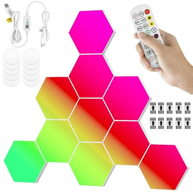 10 Pcs Hexagon LED Lights Modular DIY Hexagon Wall Light APP and Remote Control Smart RGB Gaming Light Music Sync Hexagon LED Panel USB LED Wall Lights for Gaming Setup Bedroom Living Roo