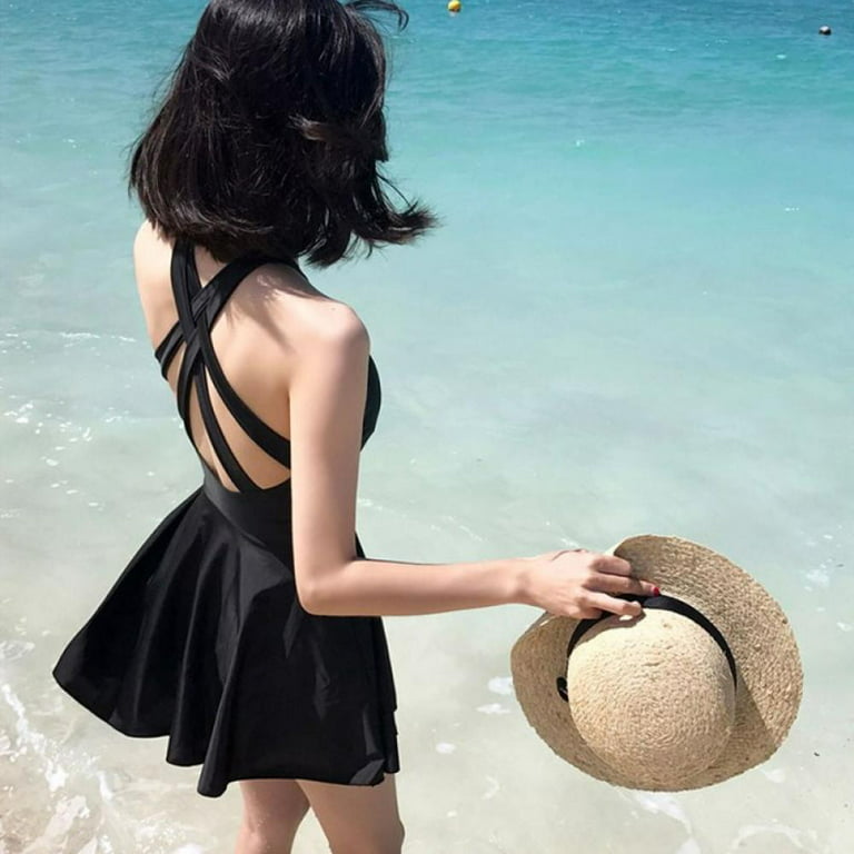 One-piece Swimsuit Skirt Type Anti-glare Back Cross Straps Large Size M-3XL  Backless Skirt Cover Belly Swimsuit 