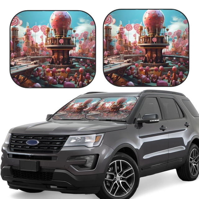 Fotbe fairy-tale-world-with-delicious-candy Juego de 2 Piezas de Parasoles para Parabrisas | Bloqueador Solar para Auto | Accesorios Plegables para Protección Solar Interior-Small
