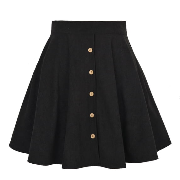 Wenseny Women’s Corduroy Button-down Decor Pleated A-line Full Skirts Black L