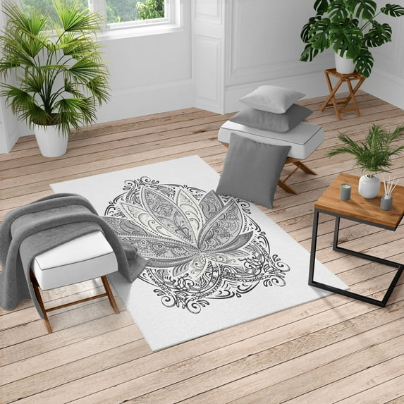 Lotus Turkish Area Rug, Flower Bloom Ornaments Exotic Petals Oriental Traditional Boho Design, Soft Carpet for Living Room Decor with Distressed Look, 5.2' X 7.6', Pale Grey, by Ambesonne