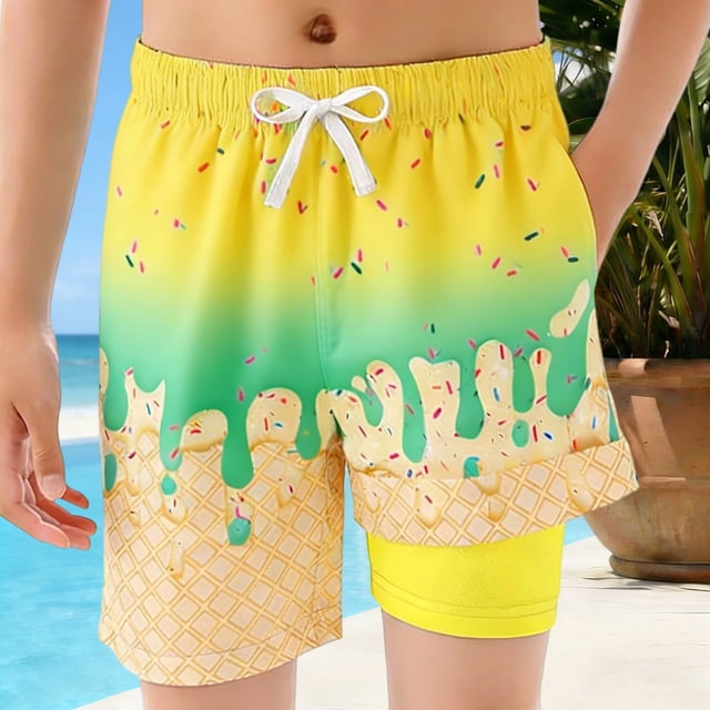 Kids Kids Swim Trunks With Ice Print Drawstring Elastic Waist Quick Dry Boy Clothes 9-10 Years