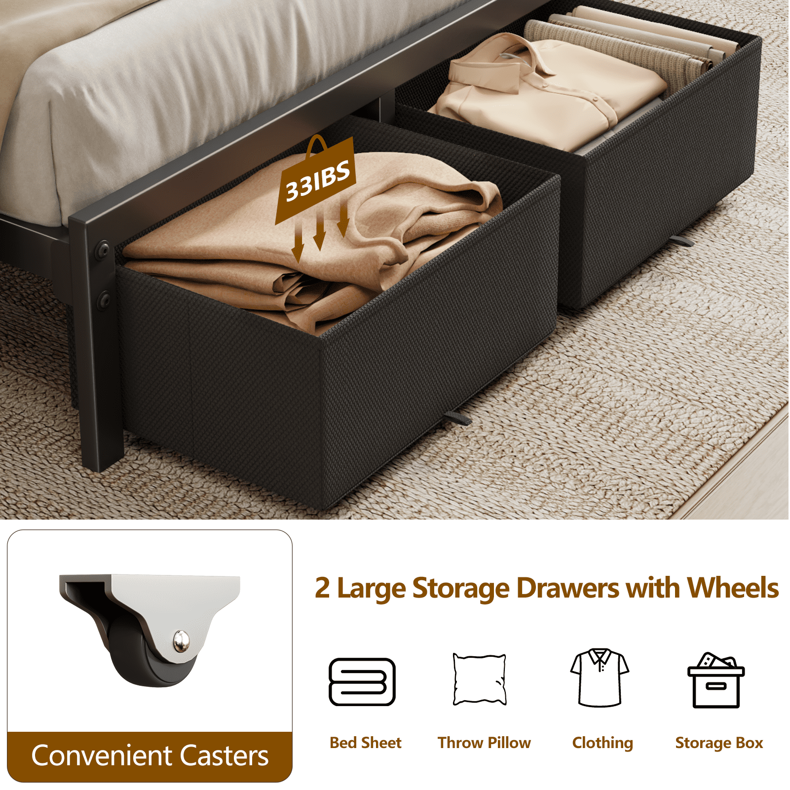 Satifur Twin Bed Frame with 2 Drawers & Storage Headboard, Platform Metal Bed with Charging Station, No Box Spring Needed