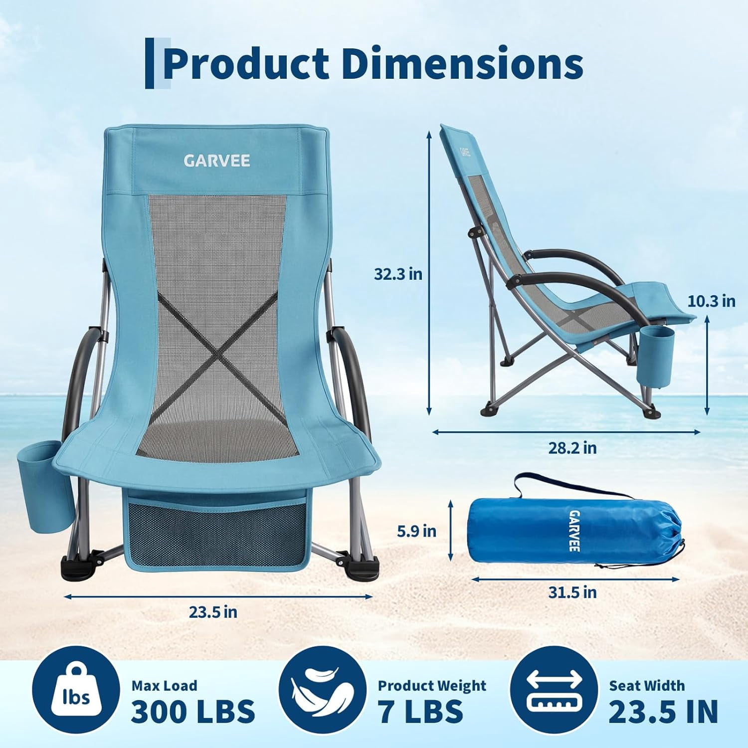 Garvee Low Back Folding Beach Chair, Set of 2, 24.8 x 22.9 x 26.4