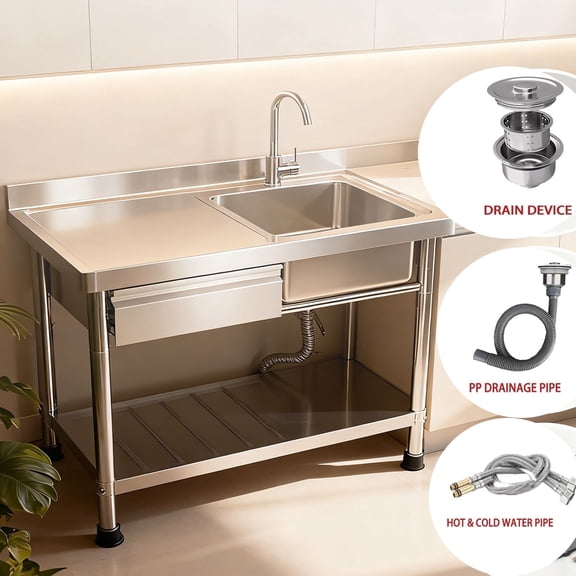 Heavy Duty Utility Sink with Drawer, Stainless Steel Sink with Drawer  Cold and Hot Water Pipe, Free Standing Single Bowl Portable Sink with Workbench, for Back kitchen, Outdoors, Restaurant