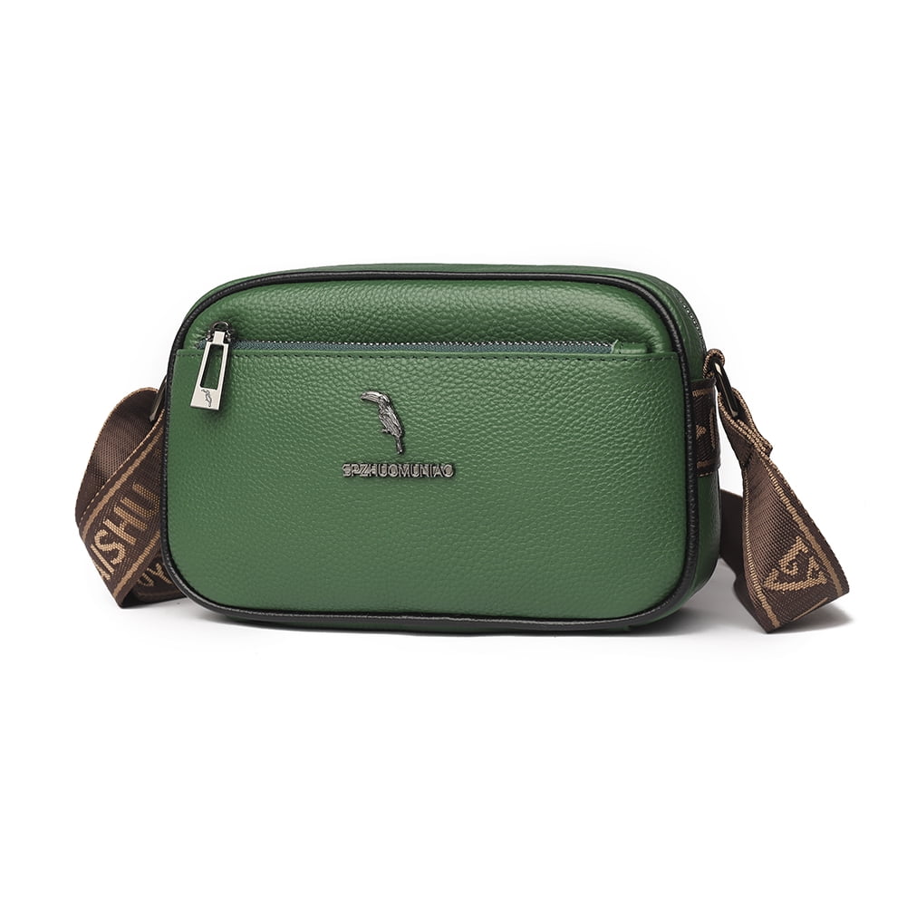 Sluxa 100% cowhide shoulder bag for women, green crossbody bag for women,  wide shoulder strap leather bags for women.: Handbags