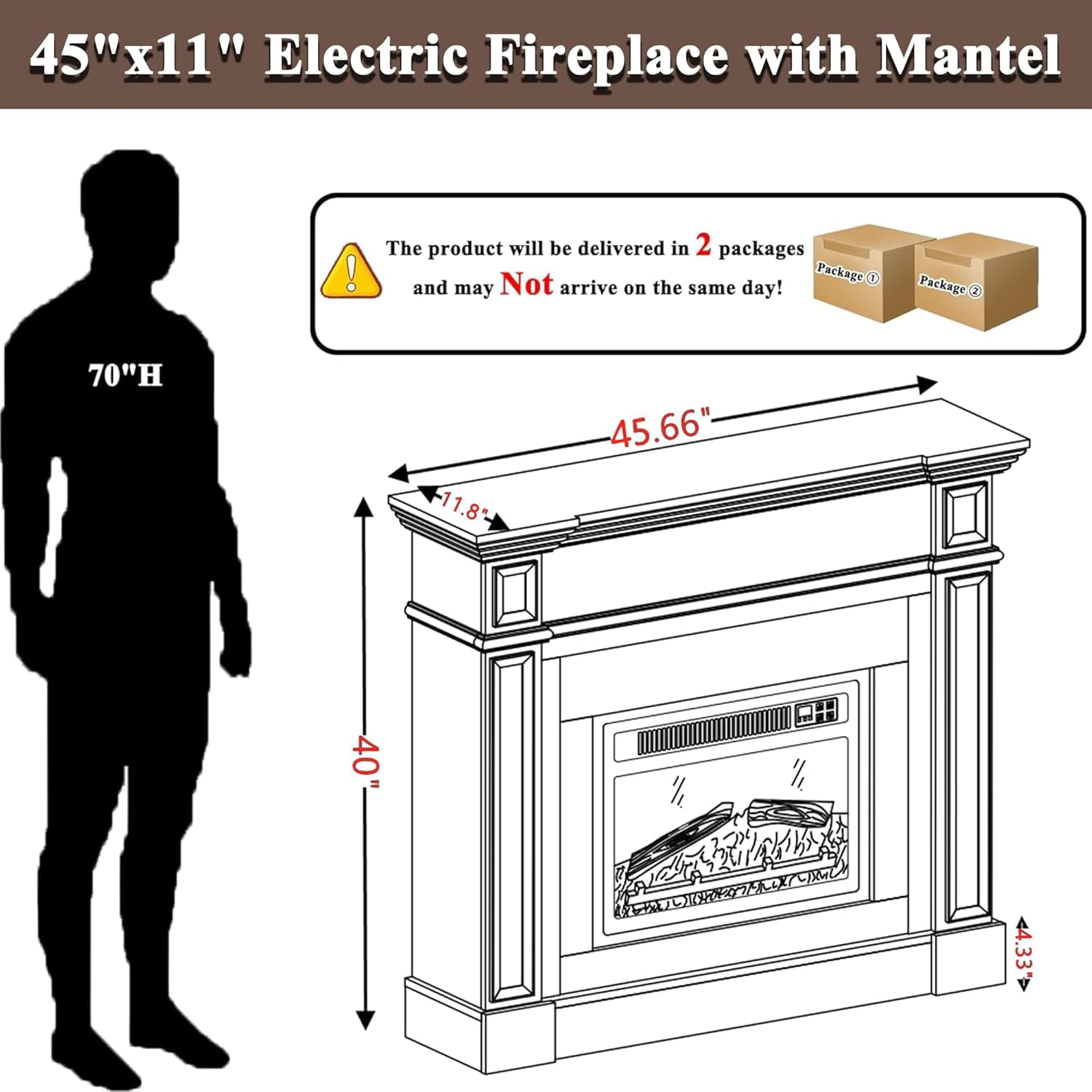45" Electric Fireplace with Mantel, Faux Marble Pattern Surround, Freestanding Fireplace Heater with Timer & LED Flame, 23" Fireplace Insert (Cherry)