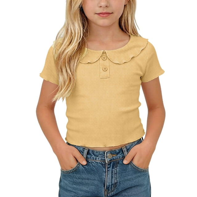 KyCheLot Girls' Summer T-Shirts Button Round Lapel Neck Solid Color Short Sleeve Tops Trendy Comfortable T-Shirts