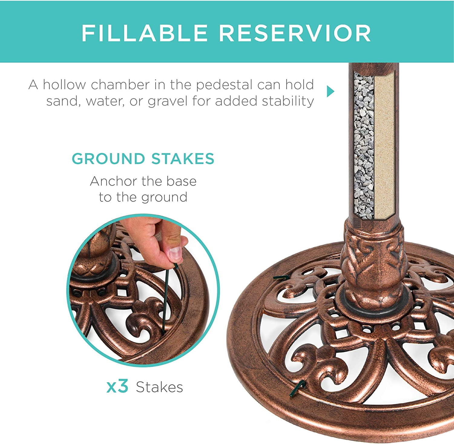 NIUMU  28in Pedestal Bird Bath, Vintage Outdoor Resin Accent Decoration w/Fleur-de-Lis Accents - Copper