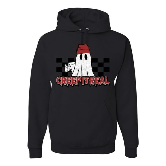 Wild Bobby Creep It Real Ghost Checker Background Halloween Red and Black Halloween Unisex Hoodie Sweatshirt, Black, Small