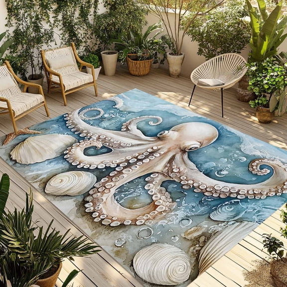 Fsddascl Octopus Outdoor Rug for Patio/Deck/Porch, Non-Slip Large Area Rug 5 x 8 Ft, Coastal Ocean Starfish Shell Blue Watercolor Indoor Outdoor Rugs Washable Area Rugs, Camping Rug Carpet