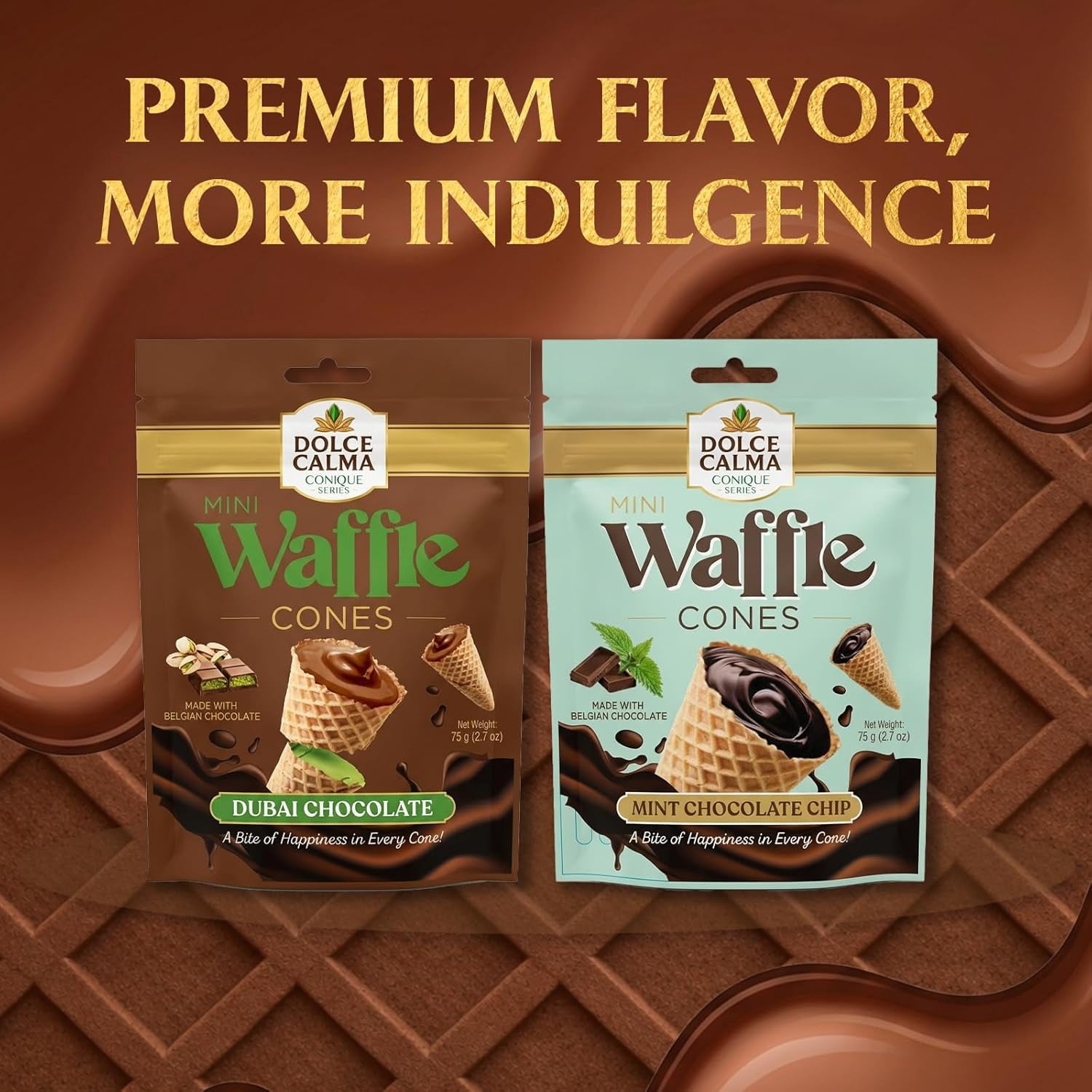 Dolce Calma Belgian Chocolate Mini Waffle Cones, Dubai Chocolate & Mint Variety Pack, 72 Cones Total (2 Boxes), Crispy Gourmet Snacks for Gifting & Parties, 12 Packs x 6 Cones Bundle Pack