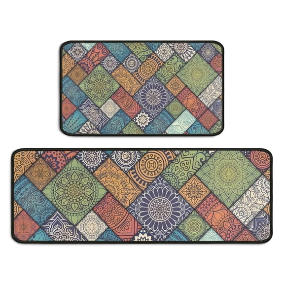 Multicolor Ethnic Geometric Patchwork Pattern Kitchen Rugs Sets Of 2,Anti Fatigue Kitchen Mat Rugs Non Slip Washable,Decorative Kitchen Floor Mats for Kitchen,Sink,Laundry,17"X30" 17"X47"